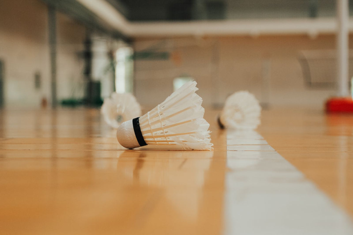 Feather shuttlecocks on a sports hall floor
